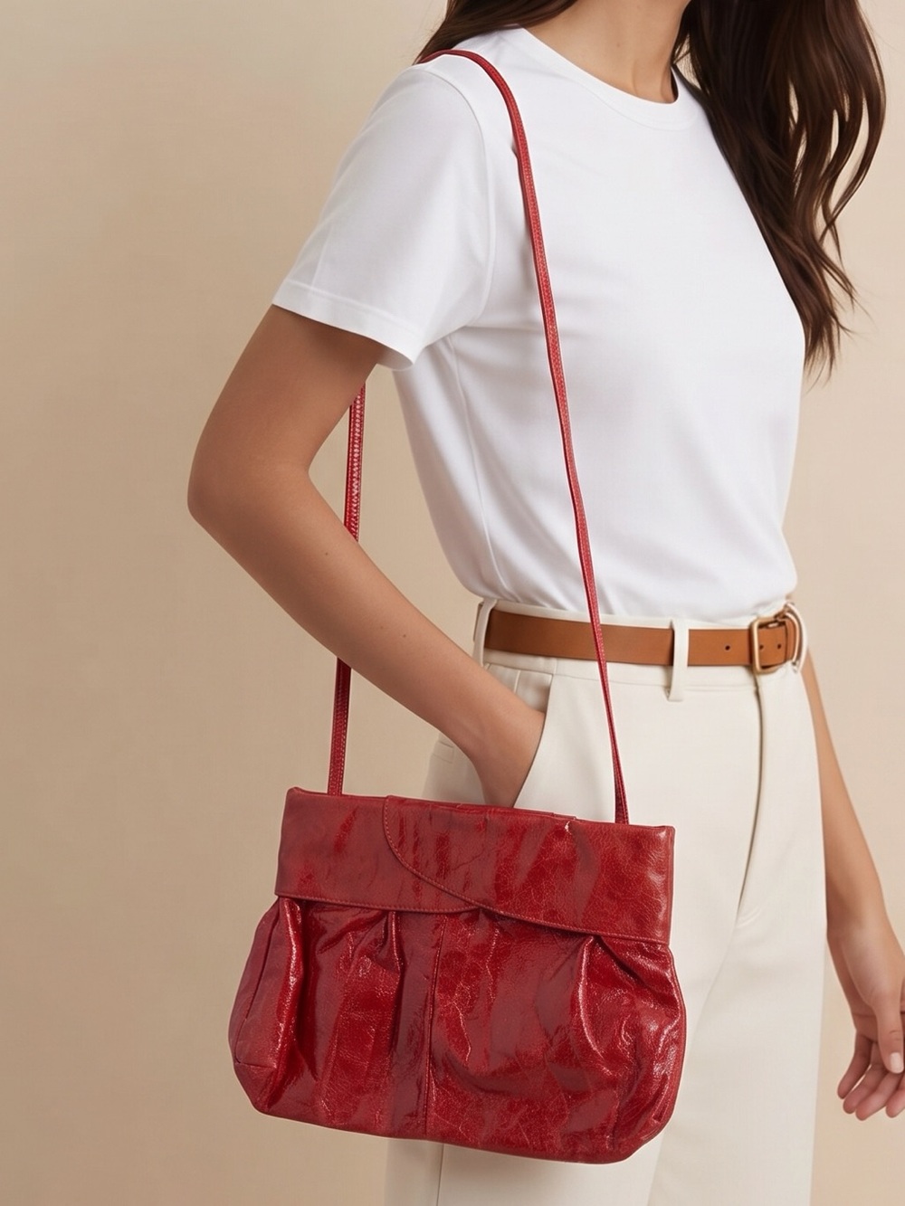 Reto Letisse Y2K Vintage Red Leather Shoulder Clutch Bag Ruched Slouchy Retro